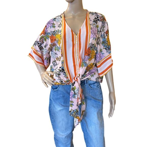 EUC -Womens Boho Floral Striped Handkerchief Hem Blouse - New Directions - Size - Picture 1 of 7